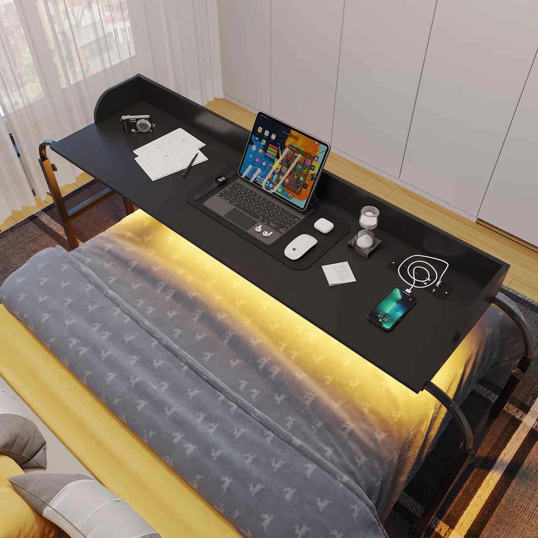 HWB Over Bed Desk with Auto-Sensor LED LightsOver Bed Table with Wheels Adjustable Height with Charging StationBeside TableRolling Tray Table for Laptop and Writing for Living RoomBlack