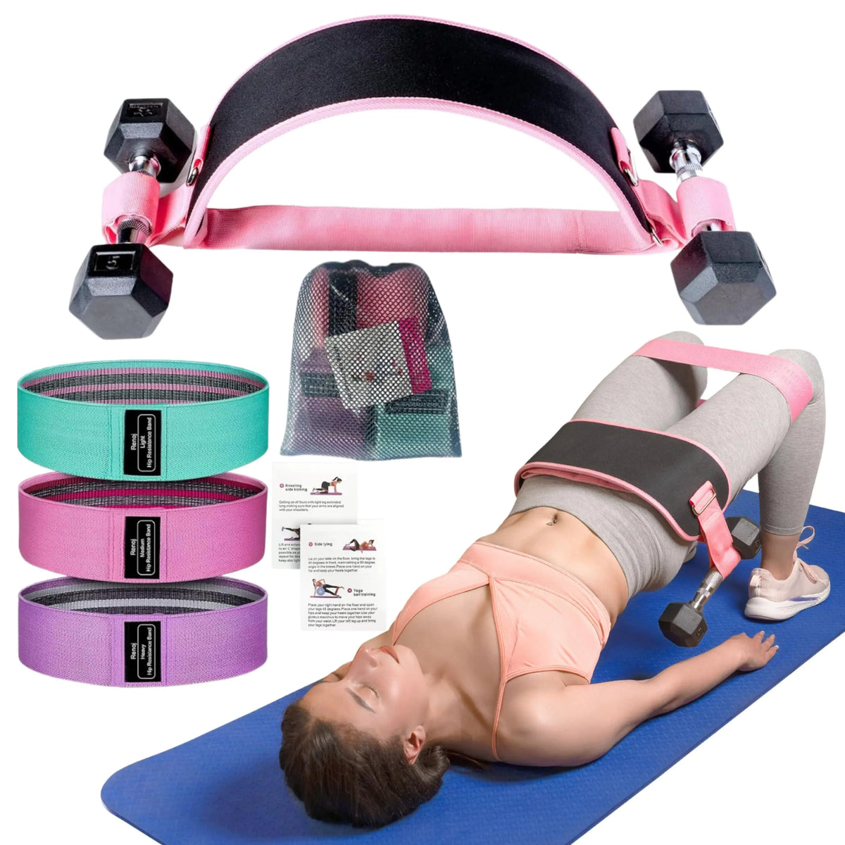 MINGLE Hip Thrust Belt for Dumbbells Heavy &amp; 3 Fabric Resistance Bands for Legs Hip Thrust Band &amp; Exercise Bands Resistance Set Booty Sprout with Cloth Resistance Bands for Working Out.