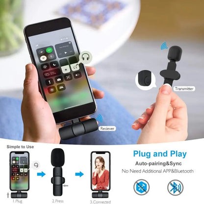 Wireless Lavalier Mic USB-C Lightning plug play